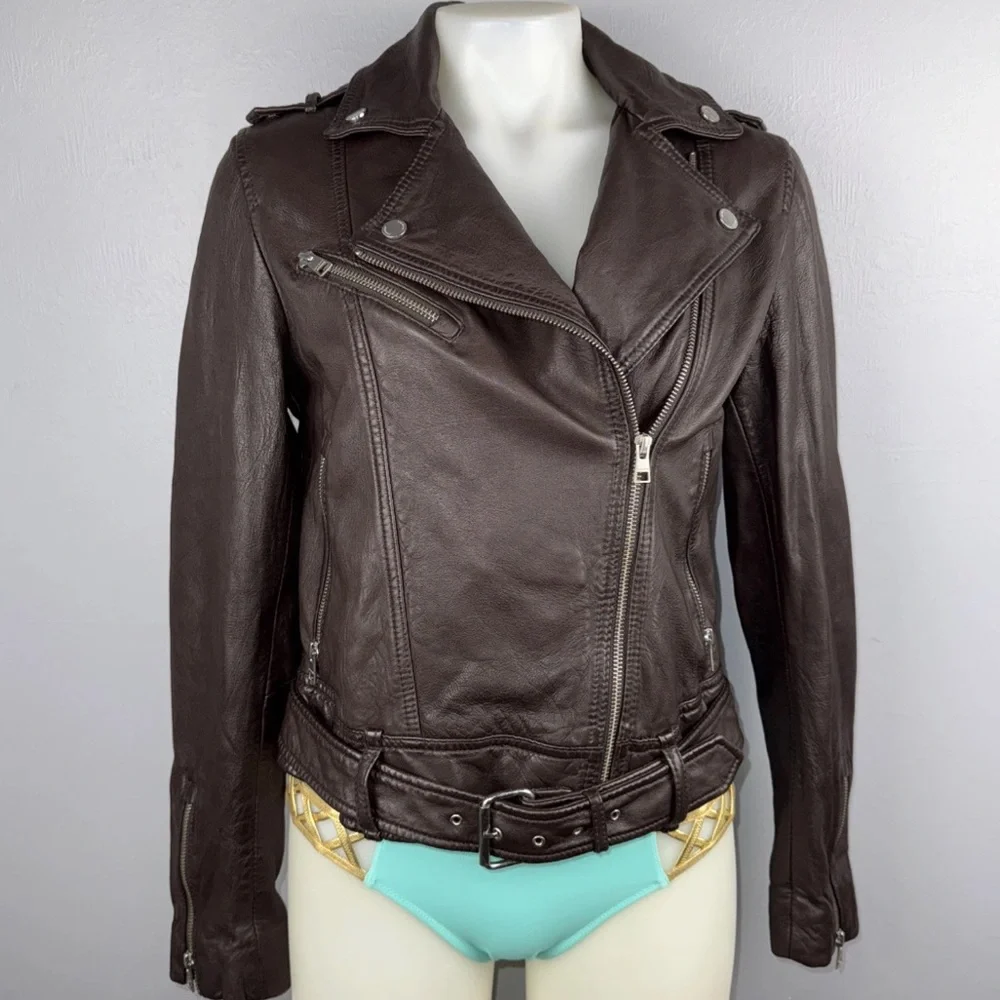 Soia & Kyo Brown Leather Women’s Small‎ Genuine Lambskin Moto Jacket